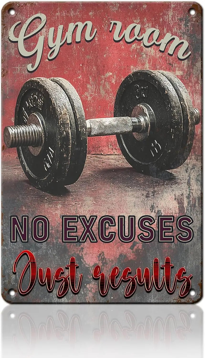 No Excuses Just Results Gym Room Vintage Metal Poster Weightlifting Dumbbell Fitness Tin Sign