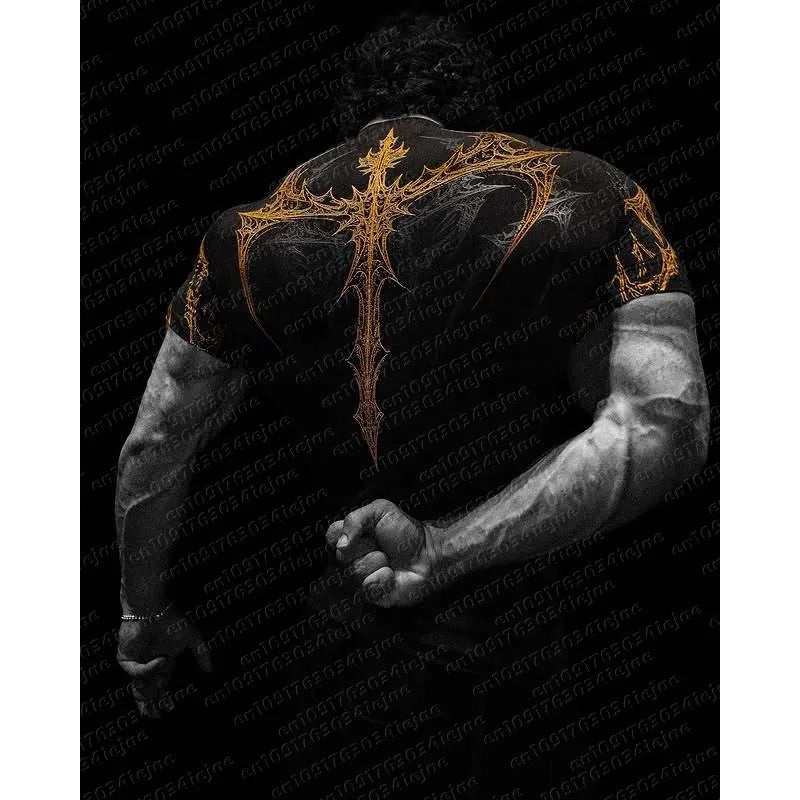 New Summer T-shirt Men's Gothic Print Muscle Tee High Elasticity and Quick Drying Exercise Bodybuilding Training Kid T-shirt