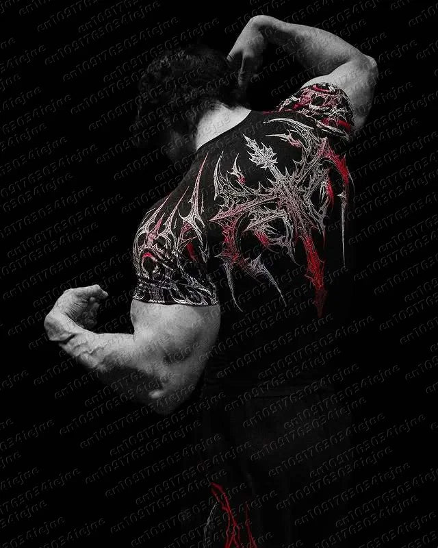 New Summer T-shirt Men's Gothic Print Muscle Tee High Elasticity and Quick Drying Exercise Bodybuilding Training Kid T-shirt