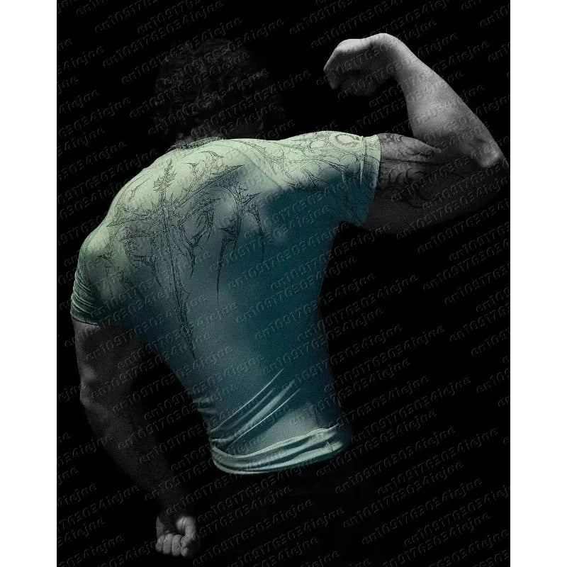 New Summer T-shirt Men's Gothic Print Muscle Tee High Elasticity and Quick Drying Exercise Bodybuilding Training Kid T-shirt