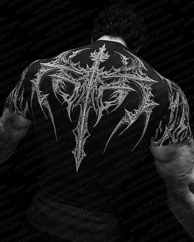 New Summer T-shirt Men's Gothic Print Muscle Tee High Elasticity and Quick Drying Exercise Bodybuilding Training Kid T-shirt