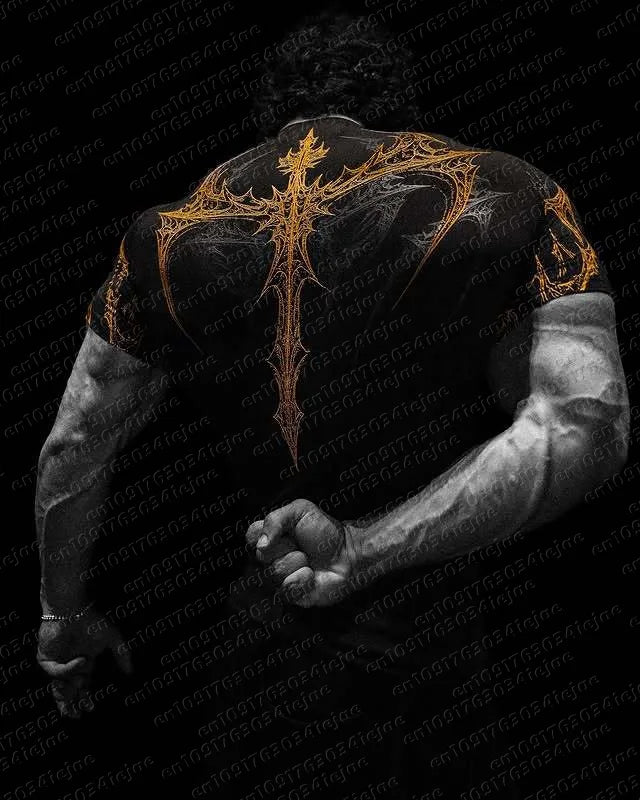New Summer T-shirt Men's Gothic Print Muscle Tee High Elasticity and Quick Drying Exercise Bodybuilding Training Kid T-shirt