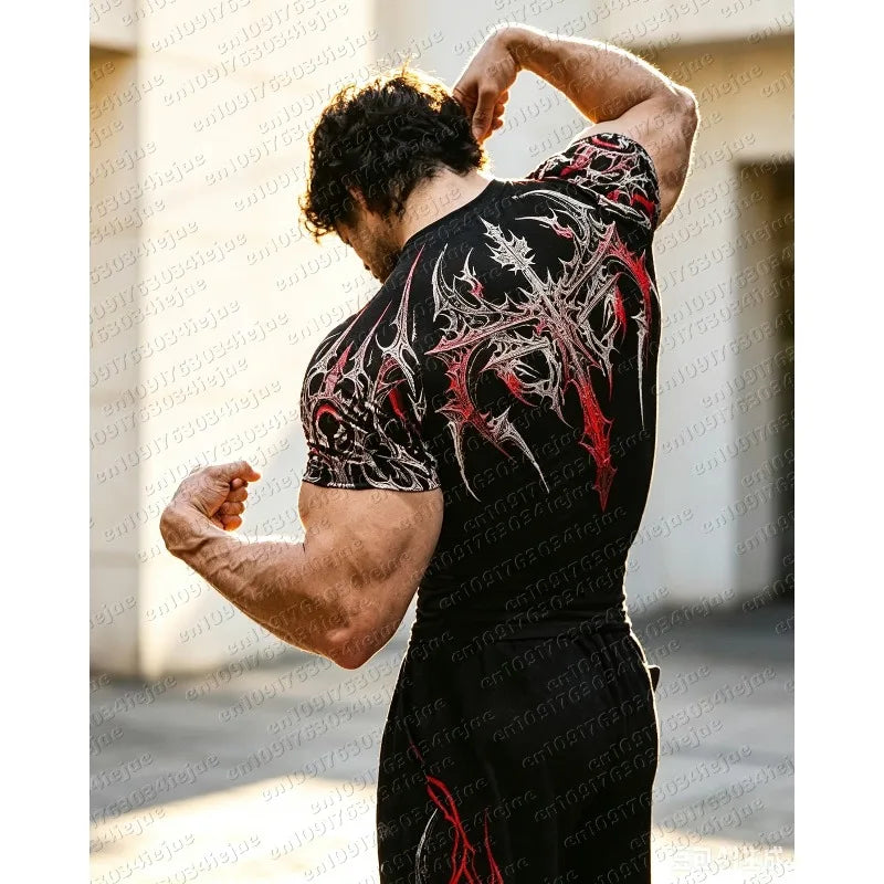 New Summer T-shirt Men's Gothic Print Muscle Tee High Elasticity and Quick Drying Exercise Bodybuilding Training Kid T-shirt