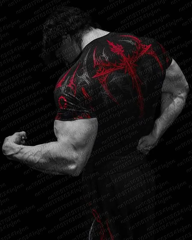 New Summer T-shirt Men's Gothic Print Muscle Tee High Elasticity and Quick Drying Exercise Bodybuilding Training Kid T-shirt