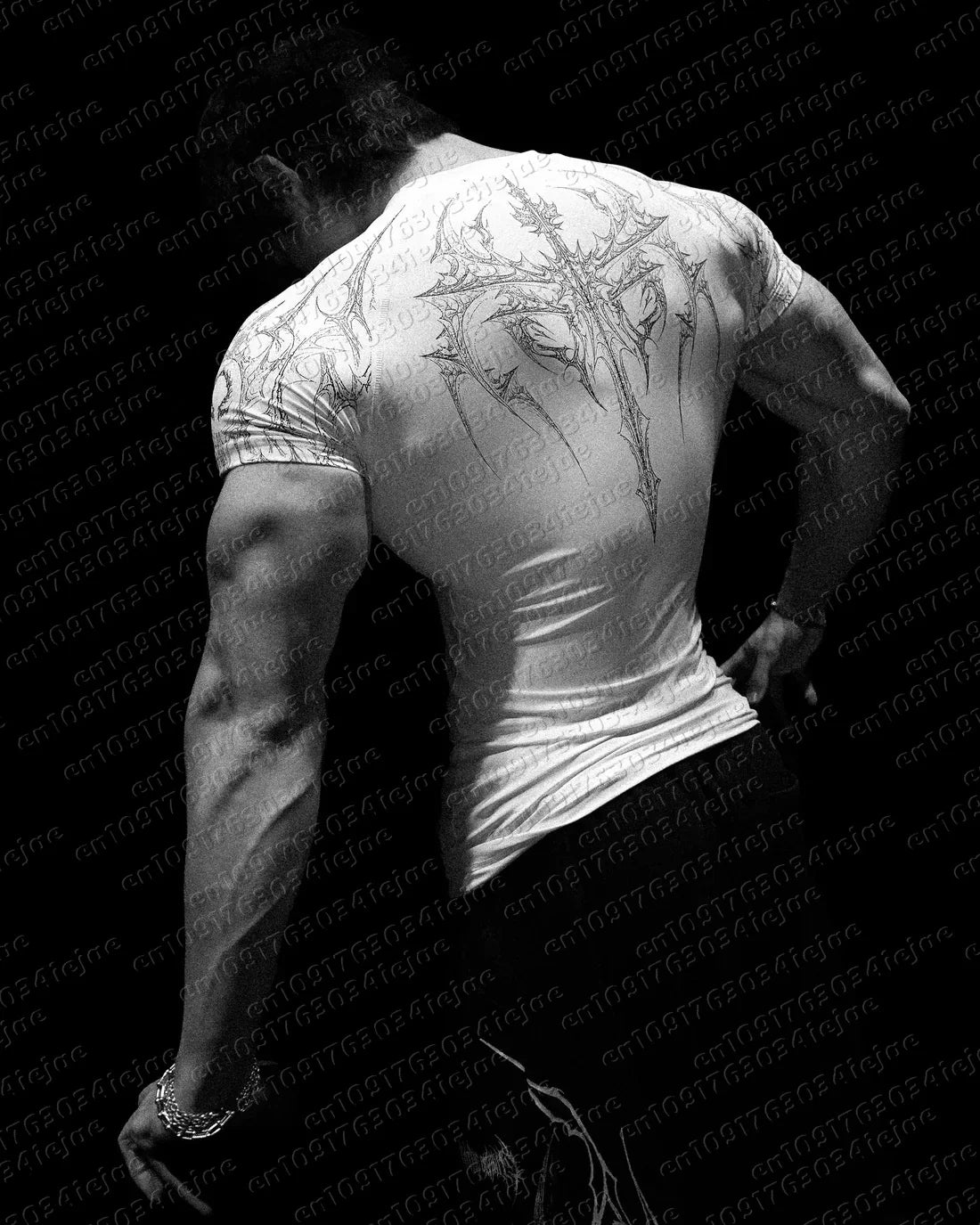 New Summer T-shirt Men's Gothic Print Muscle Tee High Elasticity and Quick Drying Exercise Bodybuilding Training Kid T-shirt